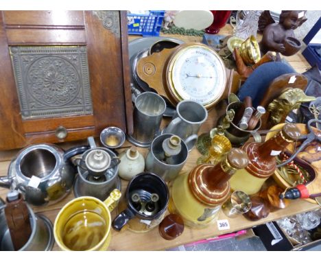A COALBOX, A WALL BAROMETER, PEWTER TANKARDS, ANGEL FIGURE, 18TH C. SUGAR CUTTERS ETC. 