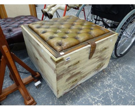 A LEATHER BUTTON UPHOLSTERED TOP BOX STOOL, WITH CAMPAIGN TYPE RECESSED HANDLES. 