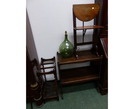 AN OAK BARLEY TWIST STICK STAND, A TEA TROLLY, TABLE LAMP, AND A MAHOGANY STAND. 