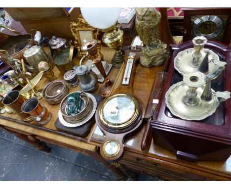 A GROUP OF ANTIQUE AND LATER COPPER, BRASS AND PLATED WARES, TOGETHER WITH TWO CLOCKS AND A BAROMETER. 