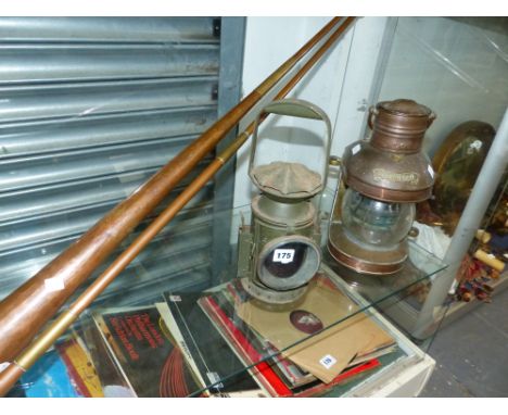 A COPPER MAST HEAD SHIPS LAMP, A MILITARY SIGNALMAN'S RAILWAY LAMP AND TWO COACHING HORNS. 