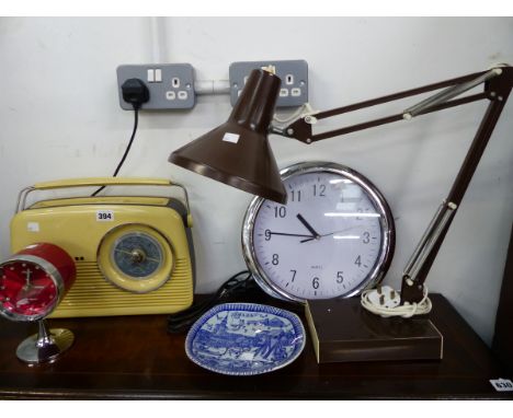 A RETRO DESK CLOCK, BUSH RADIO, ANGLE POISE TYPE LAMP, ETC. 