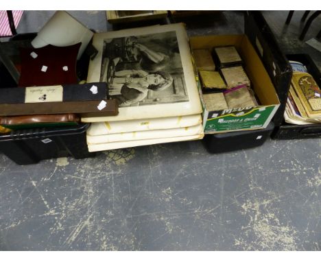 VARIOUS CANDLE HOLDERS, TIN TRAYS, SHOOTING ACCESSORIES, TWO SETS OF VINTAGE ICE SKATES,A LARGE QUANTITY OFILFORD DRY PLATES,