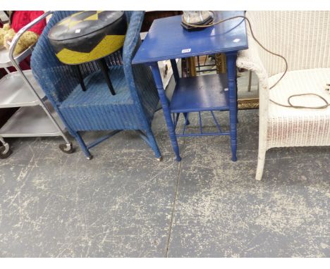 AN ARTS AND CRAFTS PAINTED OCCASIONAL TABLE, TWO LOOM ARMCHAIRS, THREE MIRRORS, A RETRO STOOL , TEA TROLLEY, AND A TABLE LAMP