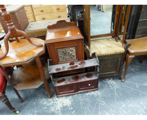 A VICTORIAN MAHOGANY TRIPOD TABLE, TWO STOOLS, A MIRROR, A WALL SHELF, BEDSIDE CABINET, AN AN ART DECO TABLE. 