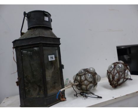 A COPPER CARRIAGE LANTERN AND TWO CEILING LIGHTS. 