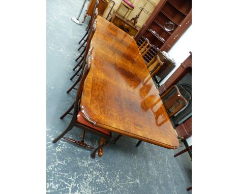 AN IMPRESSIVE GOOD QUALITY WALNUT AND INLAID GEORGE I STYLE DINING TABLE ON TRIPOD END SUPPORTS. AND MATCHING SIDEBOARD