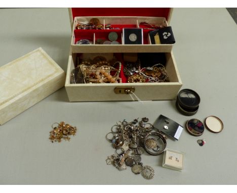 TWO JEWELLERY CASES CONTAINING GOLD, SILVER AND COSTUME JEWELLERY, A VINTAGE ORIS WATCH HEAD ETC. GOLD WEIGHT GROSS 11.grms ,