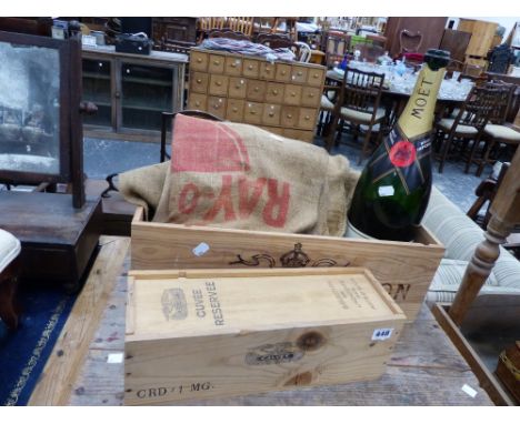 TWO WINE BOXES, VINTAGE SACKS ETC. 