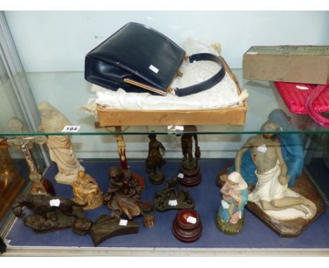 VINTAGE CHRISTENING GOWNS, HANDBAGS , AND A GROUP OF RELIGIOUS AND OTHER FIGURES.  