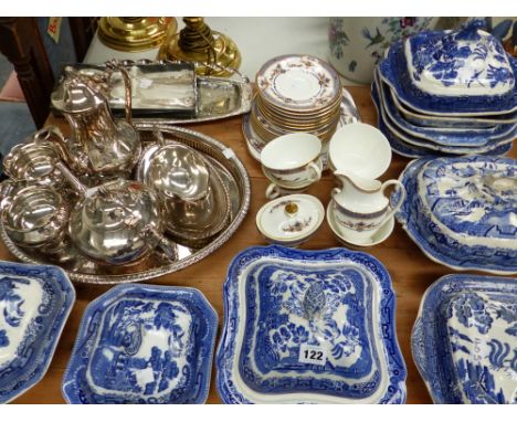 BLUE AND WHITE TUREENS, A ROYAL DOULTON BROADLANDS PATTERN PART TEA SERVICE AND VARIOUS PLATED WARES. 
