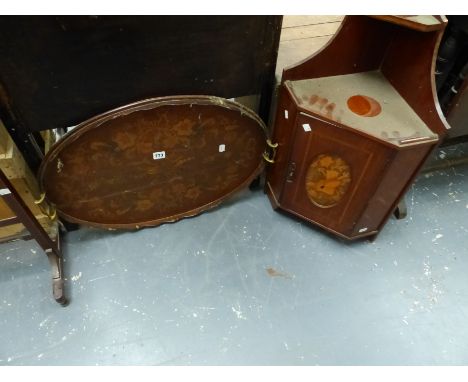 A MAHOGANY INLAID TRAY, A CORNER CABINET, A FIRE SCREEN AND A SUTHERLAND TABLE. 