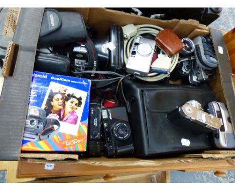 A BOX OF VINTAGE SLR AND OTHER CAMERAS.