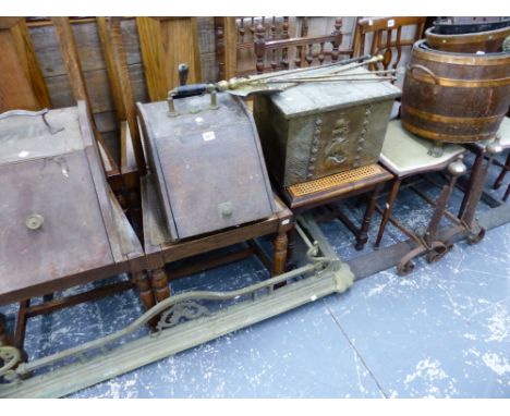 FOUR COAL BOXES, TWO FIRE FENDERS, A PAIR OF FIRE DOGS, FIRE SIDE TOOLS ETC. 