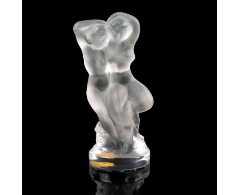 Figure of Pan and Diana in a forest. Originally designed as an automobile hood ornament. Satin finish. Etched Lalique France.