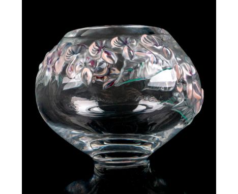 Having clear body of round form, colored enamel decor of raised flowers. Marked Lalique France to bottom. Dimensions: 5"W x 4