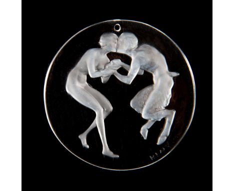 Example prototype designed by Rene Lalique originally for a Molinard perfume bottle, Le Baiser du Faune. Depicts faun kissing