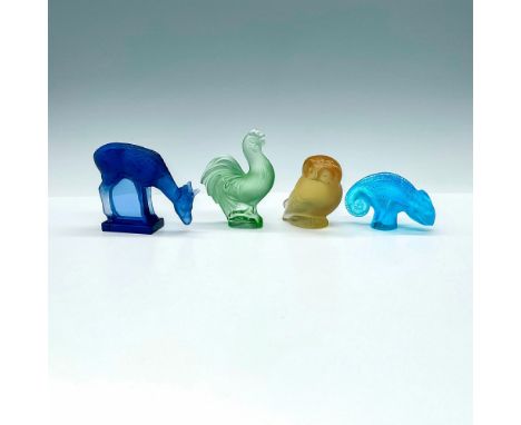 Set of four adorable and realistic animals in frosted colored crystal including blue deer, amber owl, brilliant blue chameleo