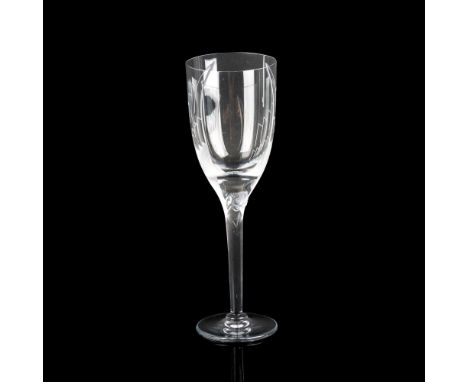 Blown glass champagne flute embellished with angel stem and etched wing on bowl. Lalique, France etched backstamp. Issued: 20