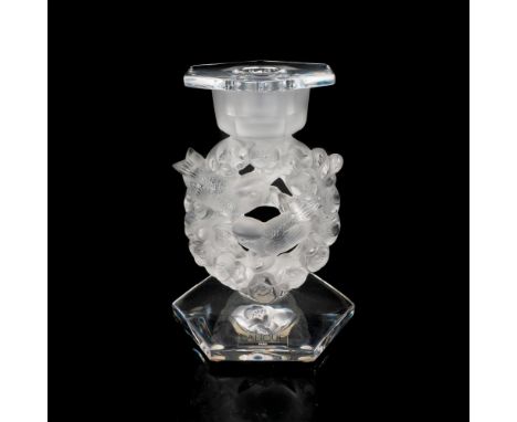 Clear top hexagon candle holder piece sits into frosted glass of floral and bird motif. Clear base is Signed. This item has i