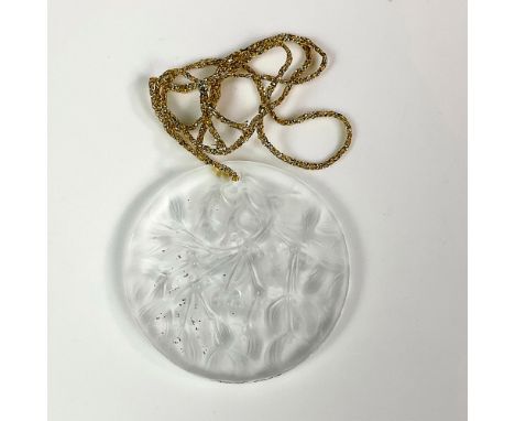 Annual edition ornament chased with a mistletoe pattern in satin finish. Noel 1988 etched to rim. Lalique France etched backs