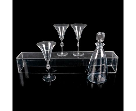 Gorgeous grouping of 3 glasses and a decanter with stopper. The two wine glasses are 7"H, the water goblet is just over 8"H, 