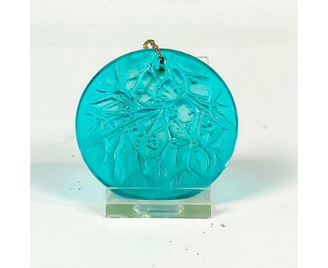Blue colored, annual ornament chased with a mistletoe pattern in satin finish. Noel 1989 etched to rim. Lalique France etched