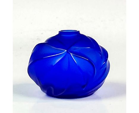 A small frosted crystal glass bud vase in a royal blue hue. Lalique France etched backstamp. This item has its original box. 