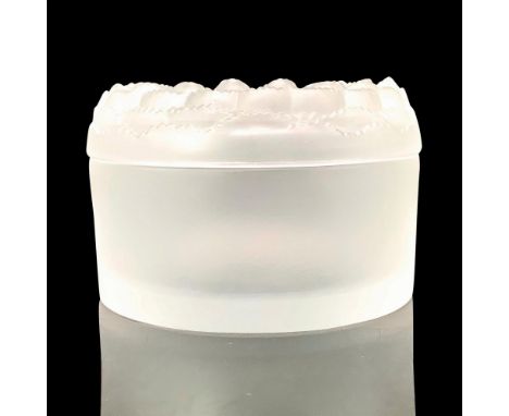 A fogged crystal trinket box with a lid that is designed as a flower. Signed Lalique France Dimensions: 3.5"L x 3.5"W x 2.25"