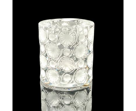 A clear crystal vessel with debossed satin floral pattern. Lalique France etched and stickers. This item has its original box