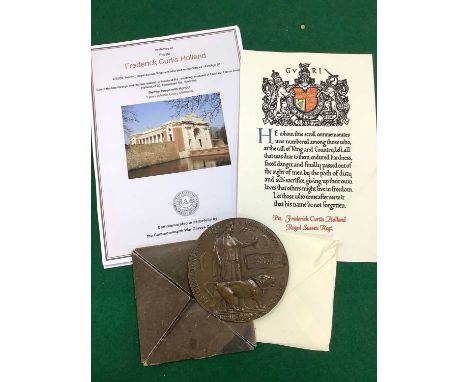 WWI Early Casualty Royal Sussex Regiment Memorial Plaque Death Penny, complete with card envelope, to Frederick Curtis Hollan