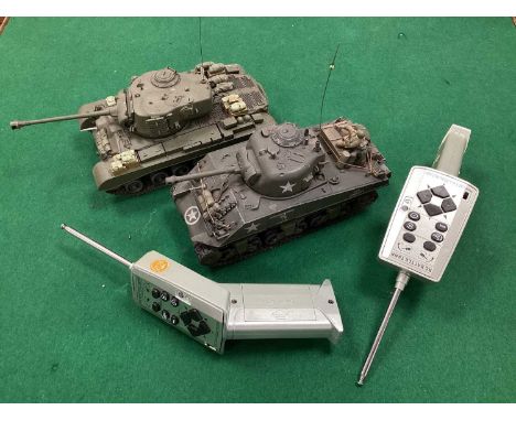 Two Heng Long 1:30th Scale Radio Controlled RC Battle Tanks. Comprising of US Army M26 Pershing and M4 Sherman Tanks, both wi