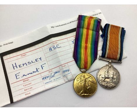 WWI British Medal Duo Army Service Corps, comprising British War Medal and Victory Medal awarded to M2 - 148 194 PTE E F Hems