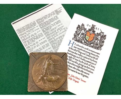 WWI Rifle Brigade Memorial Plaque Death Penny, complete with card envelope to John Edwin Turner.4757 Private John Edward Turn