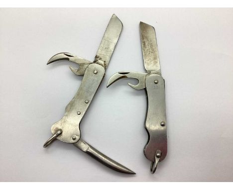 British Army Jack Knife, with tin opener, marks to blade 'J R 1979' and broad arrow, similar jack knife with additional marli