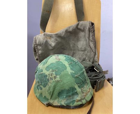 M1 Combat Helmet, (missing bales), with Belgian Army helmet liner and United States camouflage cover, plus several webbing it