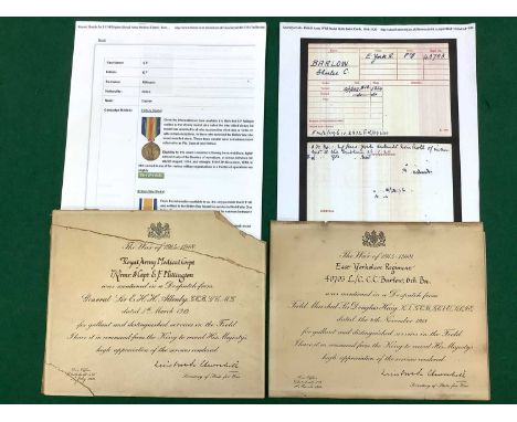 WWI Era Mentioned in Despatch Certificates; 40703 L/C C C Barlow 6th BN East Yorkshire Regiment 9 November 1918, T/QRMR &amp;