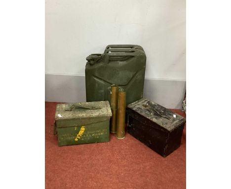 WWII British Army 2 Pounder Cartridge Cases, both with broad arrows and Year 1942 to base, two metal ammunition boxes 1968 an