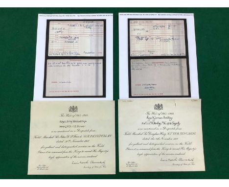 WWI Mentioned in Despatch Certificates; 18645 QMS C E Rouse Royal Army Medical Corps 30 November 1915, 2nd LT F H Sterling MC