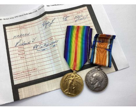 WWI British Medal Duo Gloucestershire Regiment, comprising British War Medal and Victory Medal, awarded to 35320 PTE R T Harm