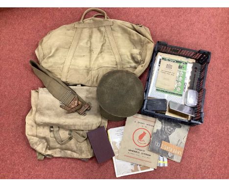 WWII British Army Cheshire Regiment Service Dress Cap, button stick, aluminium box with broad arrow, military manuals, soldie