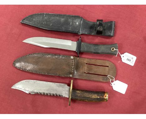 Bowie Knife Serrated Blade, Staghorn grips, with crown symbol and marks GR E (?) R 439 to ricasso; modern hunting knife, 'Mue