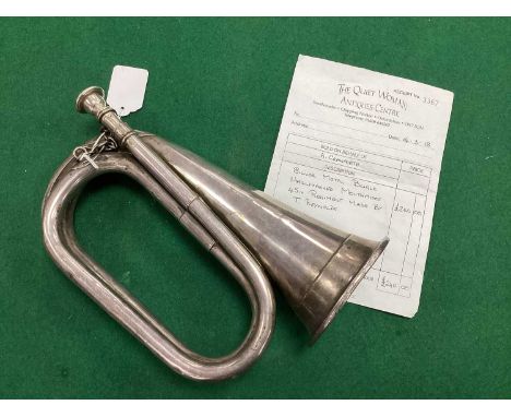 Vintage Silver Plated Metal Bugle, with silver hallmarked mouthpiece, stamped manufacturer 'T Reynolds, 43 Chapel Street, Sal
