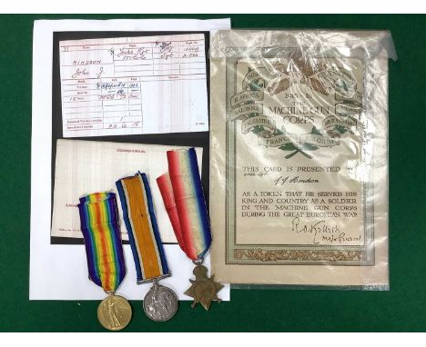WWI British Medal Trio Yorkshire Regiment, comprising 1915 - 15 Star, awarded to 16009 PTE J J Hindson York R, British War Me