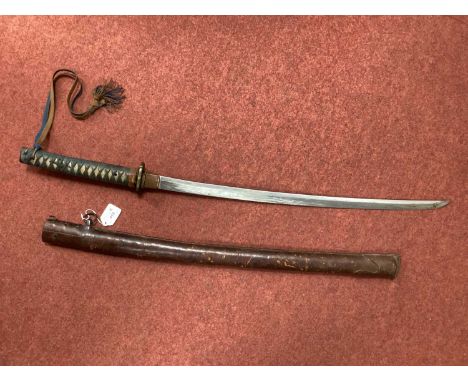 Japanese Katana Sword, curved single edged blade, decorative tsuba, long handle (missing peg) with scabbard.The Scabbard is m