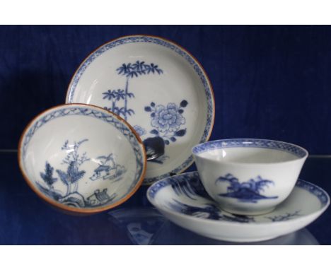 Two blue and white Chinese porcelain tea bowls &amp; saucers from the Nanking cargo, Christies labels to base  Lot 5260 &amp;