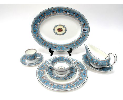 A Wedgwood 'Florentine' Pattern Part Dinner and Coffee Service, printed marks, comprising oval platter, nine dinner plates, g