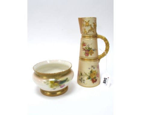 A Royal Worcester Porcelain Jug, of tapered form with basket work handle, the blush ivory ground printed and painted with flo