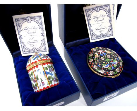 A Halcyon Days Musical Enamel Box, of circular form, the hinged lid decorated with the William Morris design 'The Strawberry 
