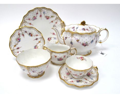 A Royal Crown Derby 'Antoinette' Pattern Porcelain Tea Service, of fluted form with beadwork borders, comprising: teapot and 